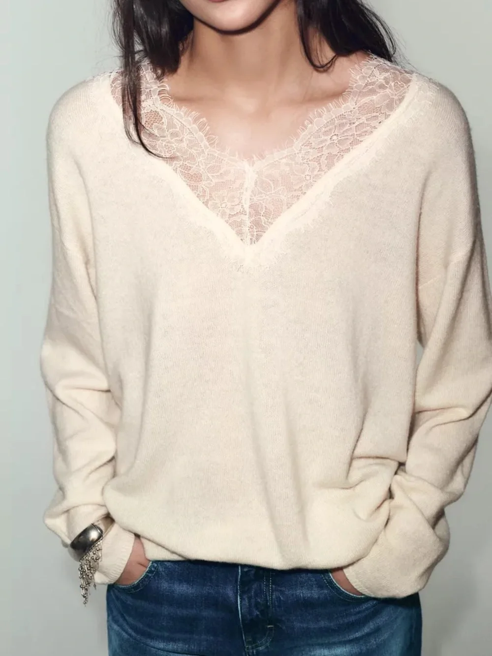 Zara Lace-Trim V-Neck Sweater in Cream - Picture 2 of 10